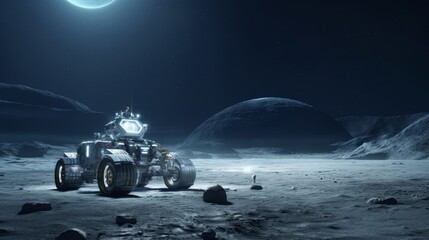 Rovers exploring the moonlit extraterrestrial landscapes.