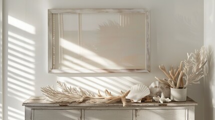 Blank Canvas Captures Coastal Charm, Whitewashed Frame, Sunlight, Seashells