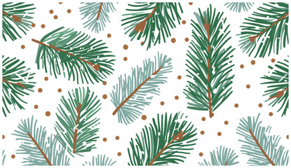 Vector illustration for Christmas and New Year, Fir branches horizontal seamless border, winter background Christmas baubles and fir tree branch seamless pattern, festive holiday decor, Christmas tree