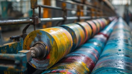 Close-up of Industrial Printing Press Rollers with Colorful Ink