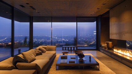 Modern Fireplace Frames Nighttime Cityscape.