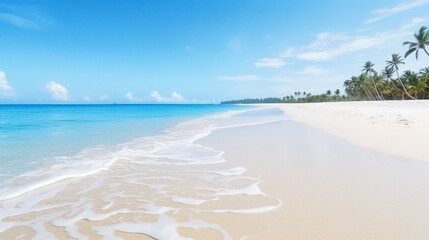 Obraz premium A tropical beach with clear blue waters, white sand, and palm trees under a sunny sky, perfectly capturing the essence of paradise.