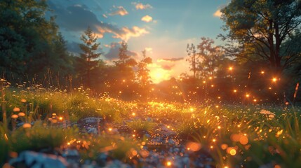 Naklejka premium Magical sunset landscape with glowing fireflies in a meadow, capturing the serene beauty of nature in twilight.