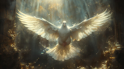 Watercolor illustration of a Christian cross with a dove of peace.
