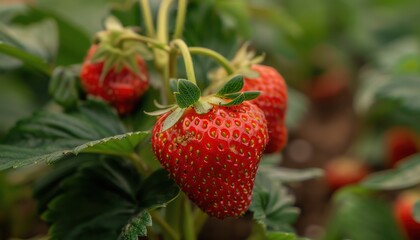Close-up of ripe red strawberries with green leaves in a garden, showcasing fresh produce and healthy eating.