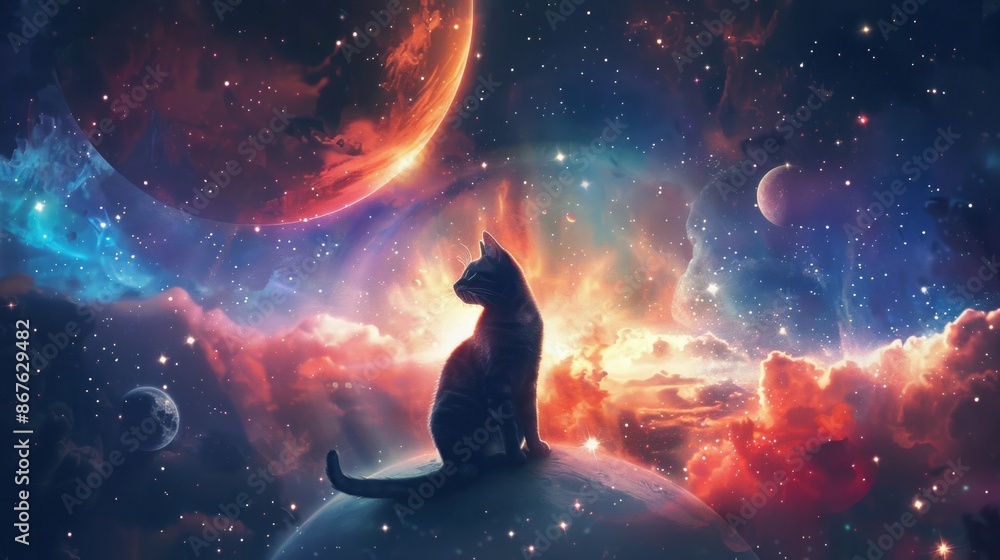 Sticker whimsical cat astronaut floating in outer space with stars and planets in the background, perfect fo