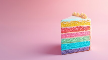 Slice of rainbow layered cake on pink background
