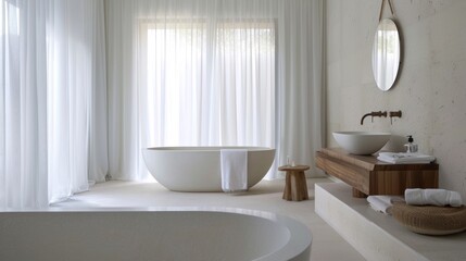 Modern Bathroom With White Tub and Wooden Vanity