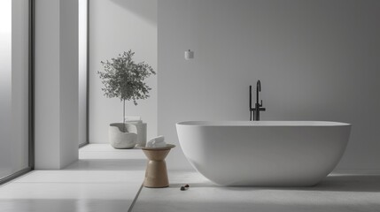 Fototapeta premium Modern Bathroom With Freestanding Tub and Small Tree