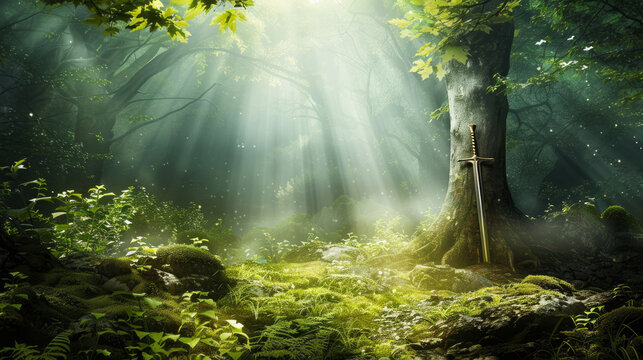 A magical forest, like in a fantasy story, with a sword buried in a tree trunk, just like King Arthur's Excalibur.