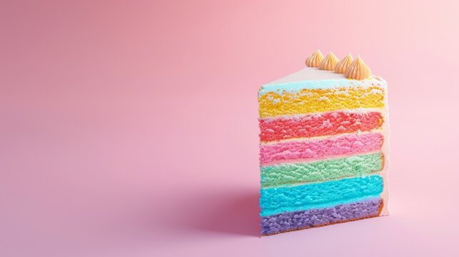 Slice of rainbow layered cake on pink background - Powered by Adobe