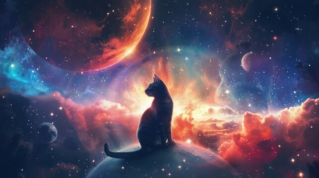 Whimsical cat astronaut floating in outer space with stars and planets in the background, perfect for sci-fi and fantasy-themed artwork and children's storybooks