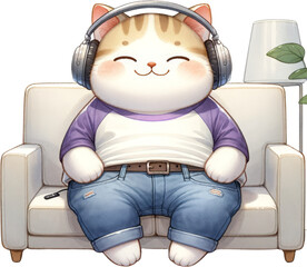 A cute cat wearing headphones is sitting on a couch and listening to music.