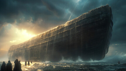 Noah's Ark amidst the pouring rain during the flood.
