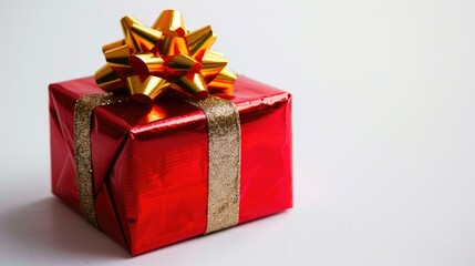 Obraz premium Red paper wrapped gift box with gold bow on white backdrop