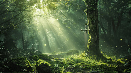 Obraz premium A magical forest, like in a fantasy story, with a sword buried in a tree trunk, just like King Arthur's Excalibur.
