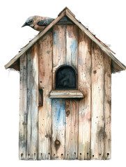 Vintage wooden birdhouse with a bird perched on top, beautiful rustic design with weathered wood