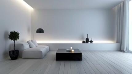 Modern Minimalist Living Room With White Walls and Wooden Floor