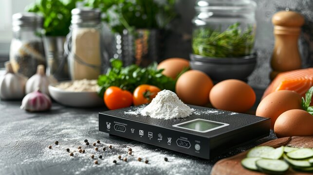 Digital kitchen scale with ingredients, copy space, accurate cooking measurements