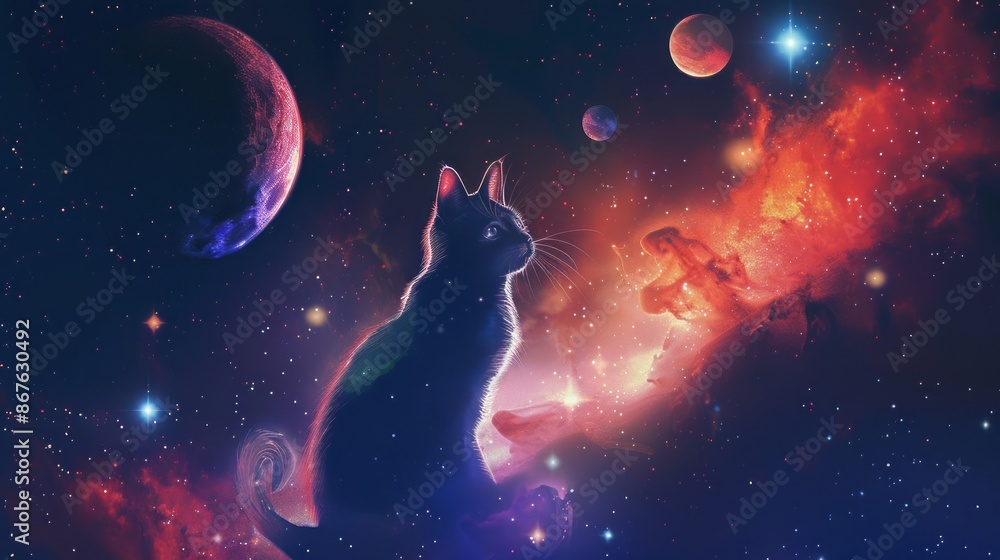 Poster whimsical cat astronaut floating in outer space with stars and planets in the background, perfect fo