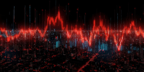 Obraz premium Dystopian Financial Downturn: Red and Blue Data Visualization of Economic Decline Over a Nighttime Cityscape