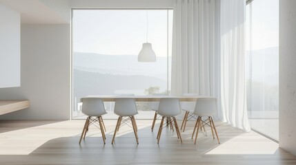 Modern Dining Room With Mountain View And White Curtains