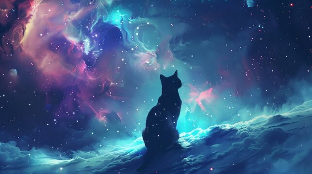 Whimsical cat astronaut floating in outer space with stars and planets in the background, perfect for sci-fi and fantasy-themed artwork and children's storybooks