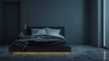 A Modern Bedroom With A Bed Illuminated By Soft Light In The Evening