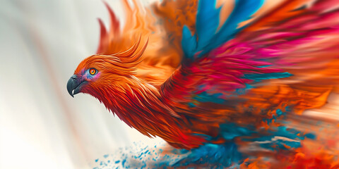 Vibrant and Dynamic Phoenix in Flight with Fiery Orange and Blue Plumage in a Whirlwind of Colors