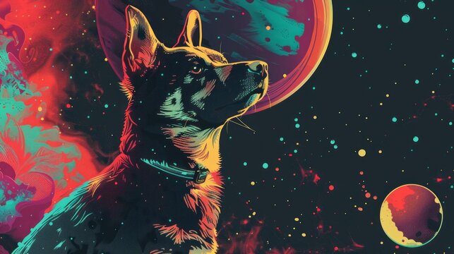 charming space-themed illustration of an adorable dog floating in a starry cosmic background, perfect for children's books, sci-fi art, and whimsical space-themed designs - Powered by Adobe