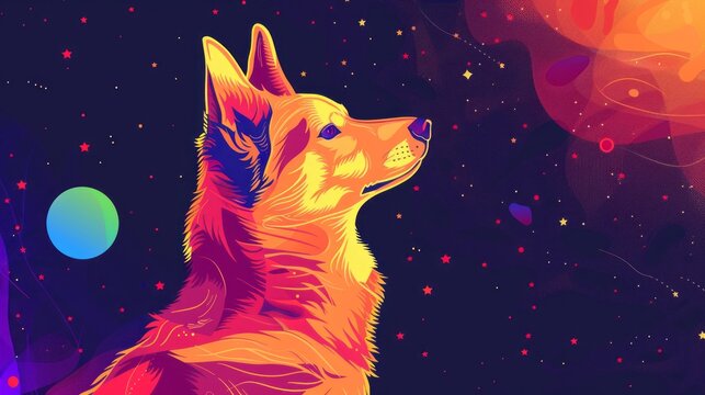 charming space-themed illustration of an adorable dog floating in a starry cosmic background, perfect for children's books, sci-fi art, and whimsical space-themed designs