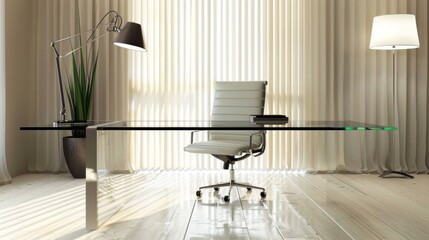 Modern Glass Desk and White Office Chair in a Bright Room With Sheer Curtains