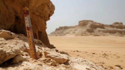 A thermometer shows a very high temperature of 50 degrees Celsius in the Arabian Peninsula near the Persian Gulf. The hot weather is a major issue in this region.