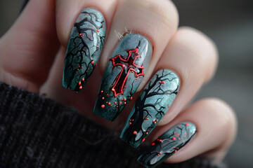 Gothic-inspired nail art with cross symbol