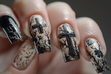 Gothic-inspired nail art with cross symbol