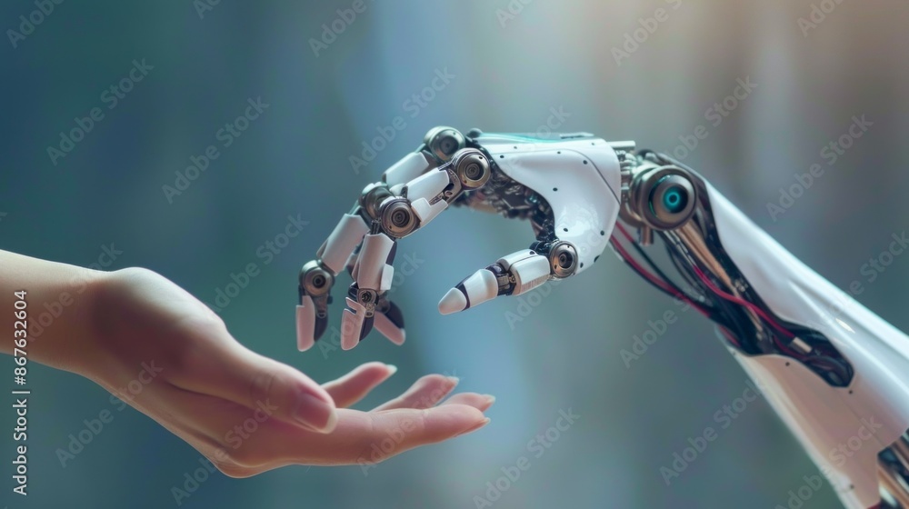 Poster a robotic hand, with intricate gears and wires, extends towards a human hand, symbolizing the growin