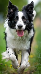 Fototapeta premium An exuberant Border Collie running towards the camera, its ears flapping and eyes bright, amid fallen autumn leaves.
