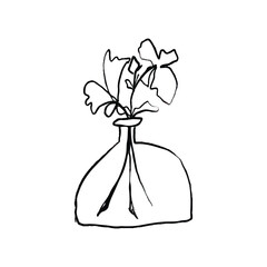 Flower in vase and bottle doodle illustration including different floral bouquets. Hand drawn cute line art outline plants in interior. Spring field bloom. Linear drawing for coloring. Vector isolated