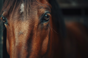 CloseUp Portrait of a Brown Horse with Detailed Eyes and Mane