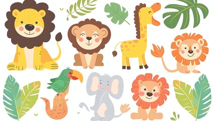 A set of cute cartoon jungle animals and leaves.