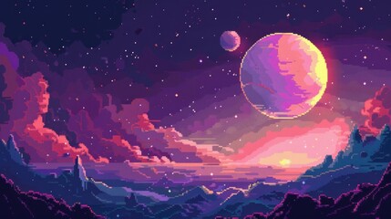 Pixel art style planets and nebula background, space exploration concept