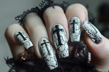 Gothic-inspired nail art with cross symbol