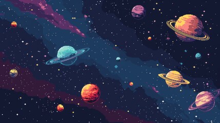 Pixel art style planets and nebula background, space exploration concept