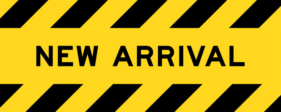 Yellow and black color with line striped label banner with word new arrival