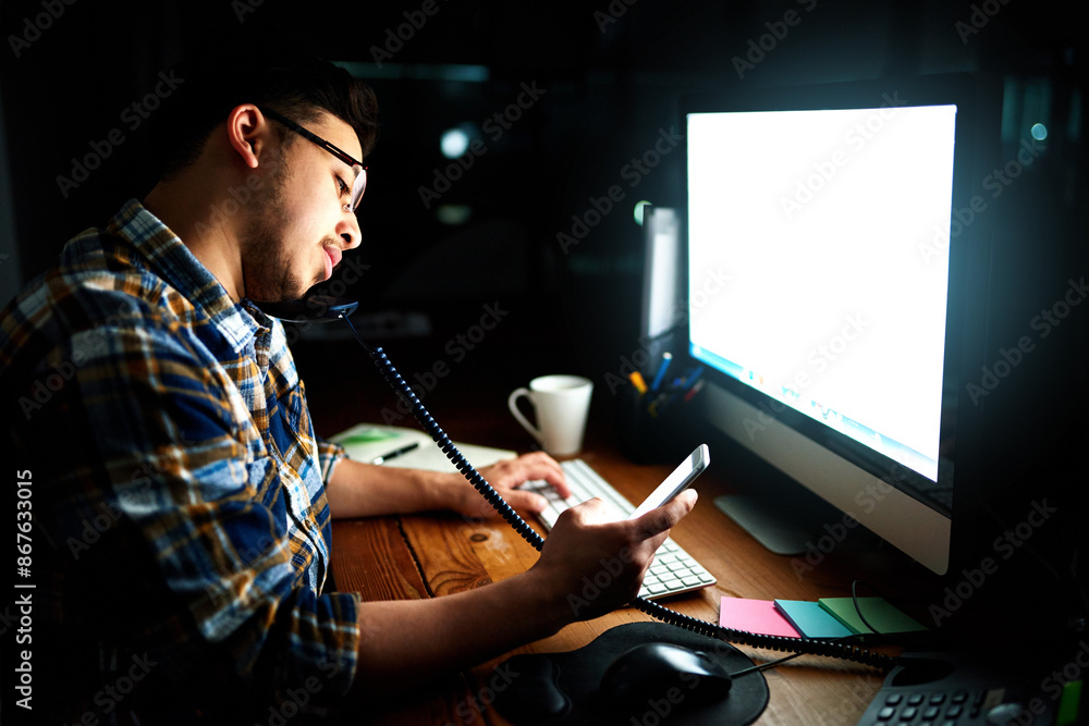 Poster man, consultant and night with computer screen for communication, online advice or query at office. 