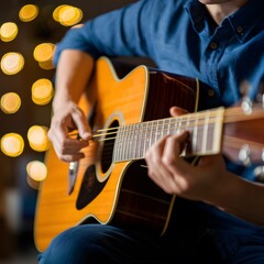 Fototapeta premium Golden Melodies Person strumming guitar with golden bokeh lights, capturing musical warmth For Social Media Post Size