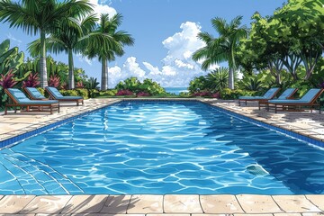 Fototapeta premium Clipart illustration of Staff Maintaining Pool Area Staff cleaning the pool area, arranging lounge chairs, and ensuring the space is inviting and well-maintained for guests to enjoy