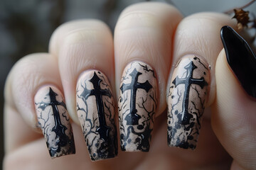 Gothic-inspired nail art with cross symbol