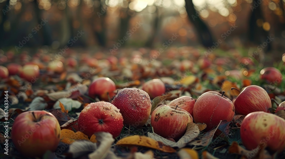 Poster apples fallen in garden with autumn background and focus