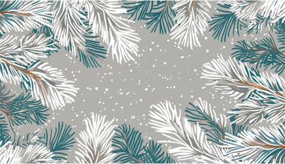 Winter card design with pine branches background, snowy winter background with pine branches, winter pine branches background, winter pine branches card design